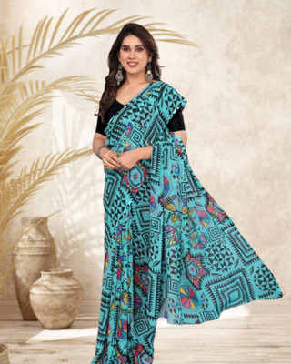 JAYAMENTERPRISE Digital Print, Self Design, Printed Bandhani Georgette Saree(Light Blue)