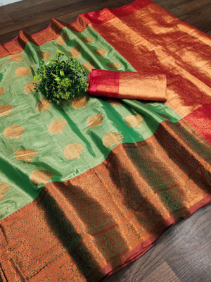 VISVASTA Woven Banarasi Pure Silk Saree(Light Green)