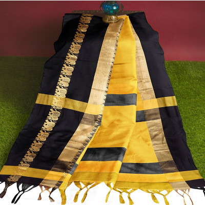 Hashir textile Woven Paithani Cotton Silk Saree(Gold)