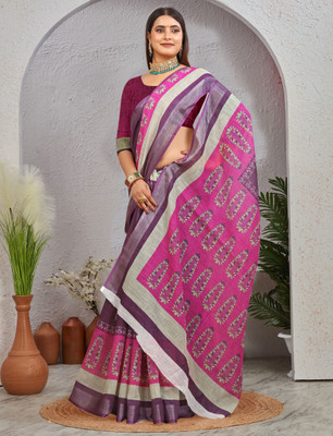 HangerStories Printed Kanjivaram Pure Cotton, Cotton Linen Saree(Pink)