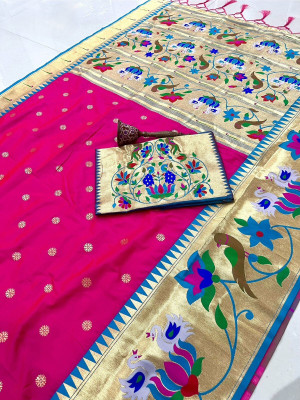 HouseOfCommon Woven Paithani Cotton Silk Saree(Pink)