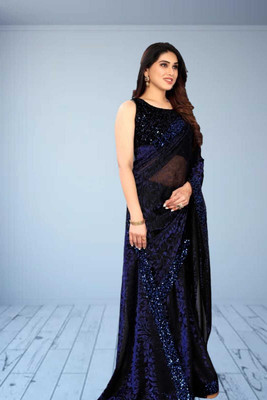 SHRIMAY Self Design Bollywood Net Saree(Blue)