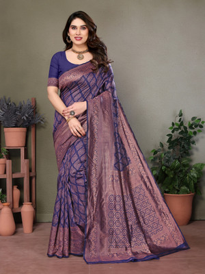 VARNI DESIGNER HUB Floral Print Banarasi Jacquard Saree(Dark Blue)