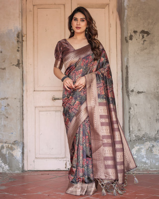 Bansari Textiles Printed Kanjivaram Jacquard, Cotton Blend Saree(Brown)