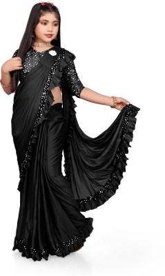 HARIOM FASHION Solid/Plain Bollywood Lycra Blend Saree(Black)