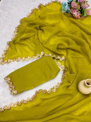 Saraswati Fab Embellished, Solid/Plain Bollywood Chiffon Saree(Light Green)