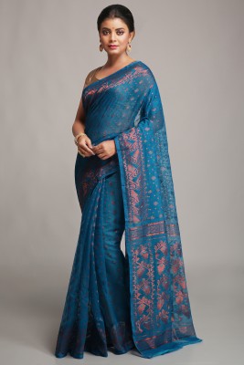 WoodenTant Woven Jamdani Cotton Silk Saree(Light Blue)