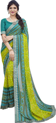 Priyashi Printed Bandhani Georgette, Lace Saree(Blue)