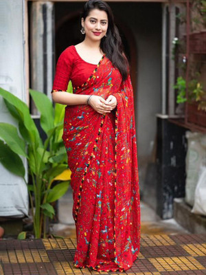 HERE&NOW Printed Banarasi Georgette Saree(Red)