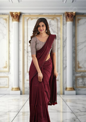 Trndysares Solid/Plain Handloom Cotton Blend Saree(Maroon)