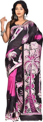 Ramshyam Collection Printed Hand Batik Pure Silk Saree(Black)