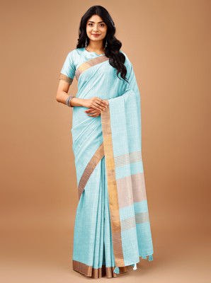 HAANIBA Woven Daily Wear Handloom Linen Saree(Blue)