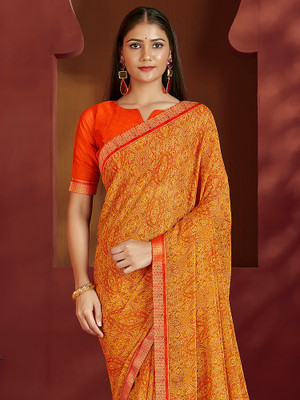 Anouk Rustic Printed Bollywood Chiffon Saree(Yellow)