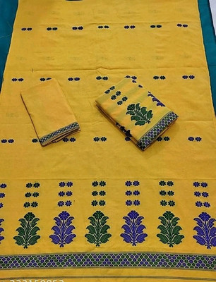 Mekhela Codor Cotton karbi Woven Mekhela Chador Cotton Silk Saree(Yellow)