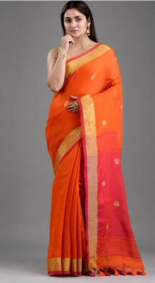 SAYAN CREATION Woven Handloom Pure Cotton Saree(Orange)