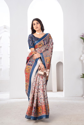 Pranamita Digital Print Handloom Cotton Silk Saree(Multicolor)