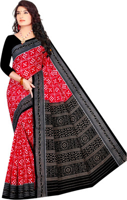 Odissi Fashion Printed Ikkat Pure Cotton Saree(Red, Black)