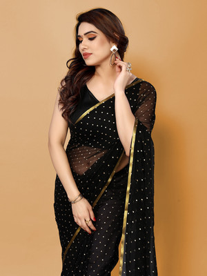 FABMORA Embellished, Printed Bollywood Chiffon Saree(Black, Gold)