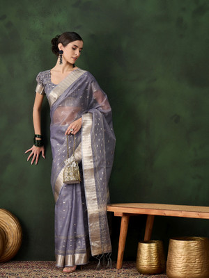 Sangria Woven Saree with Attached Blouse Organza Saree(Grey)