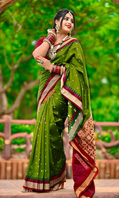 Sijileen Temple Border, Woven Sambalpuri Art Silk Saree(Light Green)