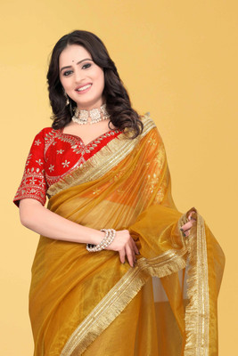 Brahmani Creation Embroidered Banarasi Georgette Saree(Yellow)