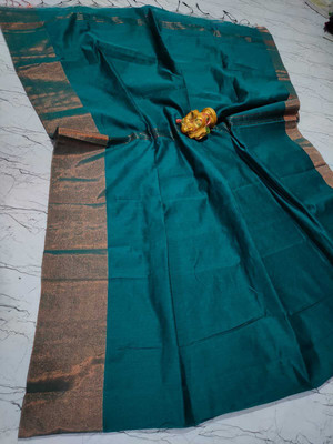 sahatextiledam Solid/Plain Handloom Cotton Blend Saree(Dark Blue)