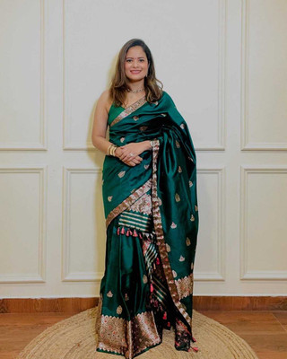 Garbguru Woven Mekhela Chador Pure Silk Saree(Green, Gold)