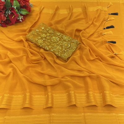 V AMAN FASHION Self Design Bollywood Chiffon Saree(Mustard)