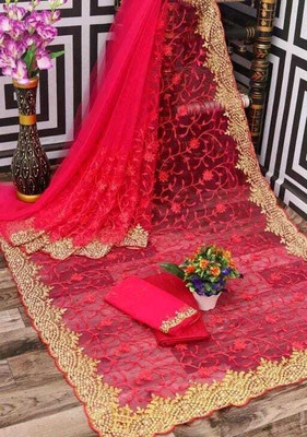 FINERFLY Embroidered Bollywood Net Saree(Magenta)