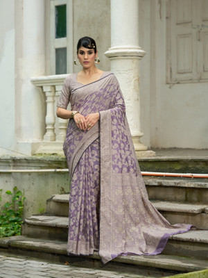 SWORNOF Self Design Lucknow Chikankari Cotton Blend Saree(Purple)