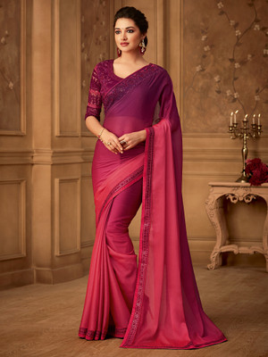 Sareemall Embroidered, Solid/Plain Bollywood Chiffon Saree(Magenta)