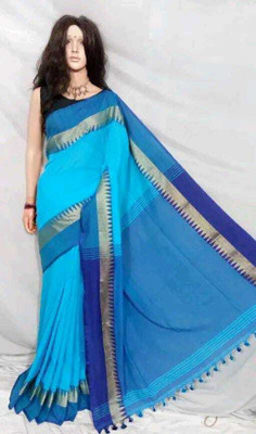 Maatarasaree Printed Handloom Handloom Cotton Blend Saree(Light Blue)