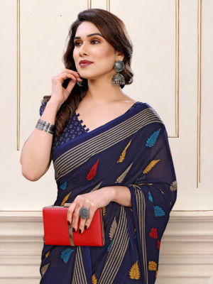 AMBUJAINTERNATIONAL Printed Bollywood Georgette Saree(Dark Blue, Red, Yellow, Cream)