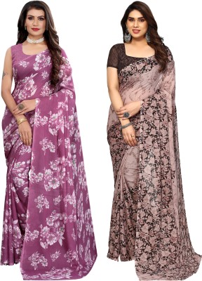 SIRIL Floral Print, Geometric Print, Printed Bollywood Georgette Saree(Pack of 2, Purple, Brown)