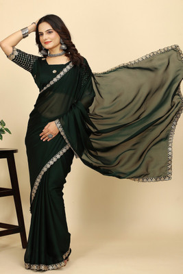 SAADHYA CREATION Solid/Plain Bollywood Chiffon Saree(Dark Green)