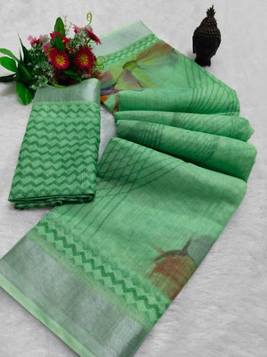 ASHTA Floral Print Bollywood Linen Saree(Light Green)