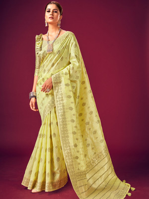 KARAGIRI Printed Kota Doria Cotton Blend Saree(Yellow)