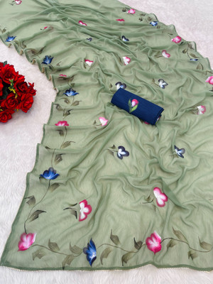 TOXEGO Floral Print Bollywood Georgette Saree(Light Green)