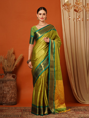 GLOWMOROUS Embellished Bollywood Silk Blend Saree(Yellow, Green)