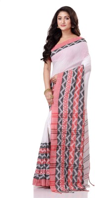 Desh Bidesh Self Design, Solid/Plain, Striped, Woven, Temple Border Handloom Cotton Blend, Pure Cotton Saree(White)