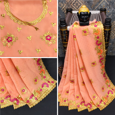 KHRITI FAB Embroidered, Floral Print Bollywood Georgette Saree(Pink)
