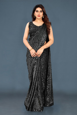 ENCLIQ Self Design Bollywood Lycra Blend, Velvet Saree(Grey)
