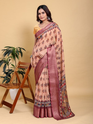 MANASTEXTILS Printed, Floral Print, Woven Bollywood Cotton Linen Saree(Pink)