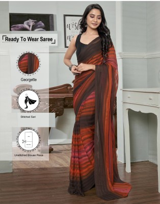 Satrani Printed, Woven, Striped Bollywood Georgette Saree(Brown, Orange, Pink)