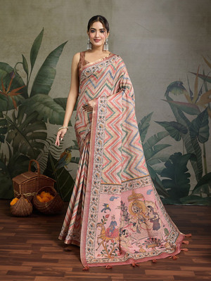 all about you Printed Saree with Attached Blouse Silk Blend Saree(Beige)