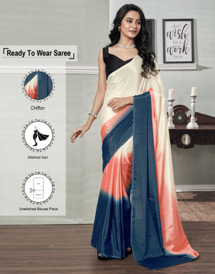 Samah Dyed, Ombre, Printed Bollywood Georgette, Chiffon Saree(Cream, Pink, Blue)