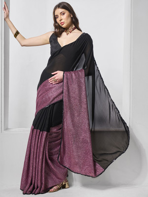 Kalista Embellished, Solid/Plain Bollywood Lycra Blend, Chiffon Saree(Black, Pink)