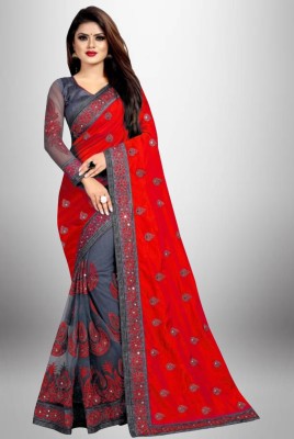 IRIS Embroidered Banarasi Silk Blend, Net Saree(Red)