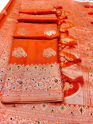 Banaras silk palace Embellished Banarasi Cotton Silk Saree(Orange)