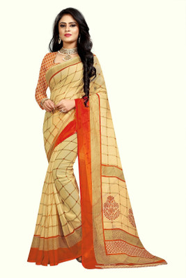 RUNAYA NX Digital Print Chanderi Chiffon Saree(Orange, Beige)
